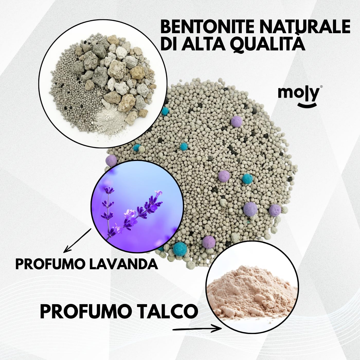 MOLY X6 Sabbia per gatti Bentonite con carbonio attivo 16,8 kg 22,2 l | Sabbia agglomerante ad alta assorbimento con aroma di lavanda e talco | Controllo totale degli odori | Senza polvere | Lecho