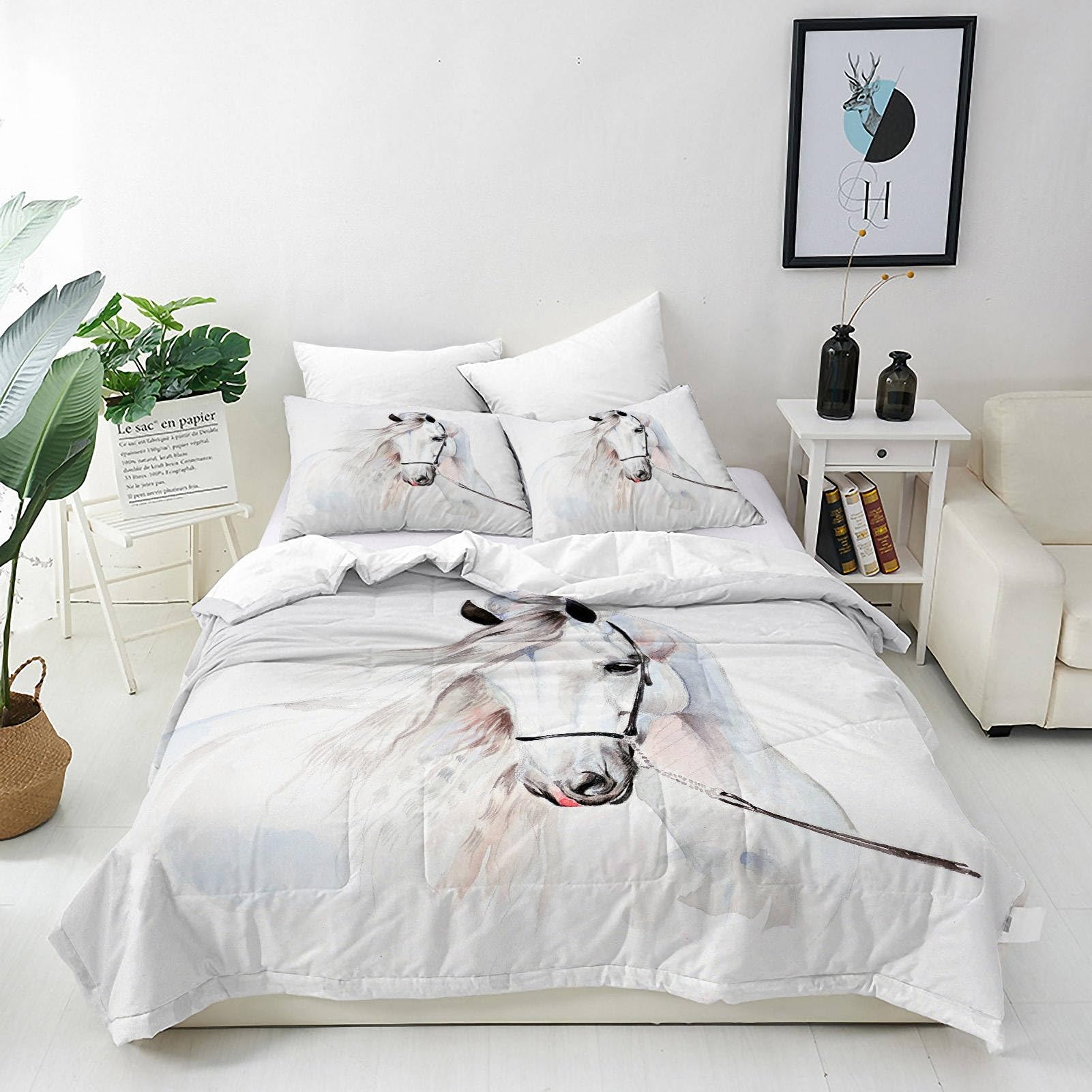 Housse de couette avec fermeture éclair lit 90x190 cm imprimé cheval aquarelle