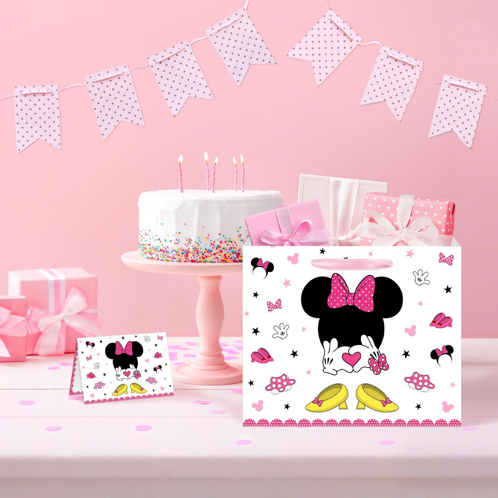 Reyoust 13" Large Cute Mouse Head Birthday Gift Bag with Tissue Paper and Greeting Card Mouse Themed Cartoon Party Gifts Bag with Handles Pink White Wrapping Paper Bags for Kids Girls Birthday