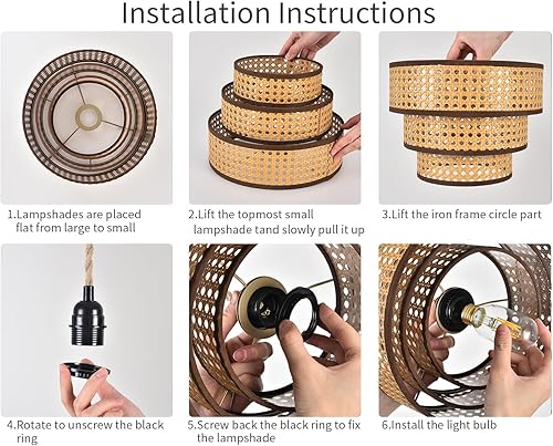 Miniatura 5 de XININSUN Lámpara colgante de 3 niveles enchufable con cable de enchufe de 15 pies, lámpara colgante regulable de mimbre de ratán, pantalla de tambor