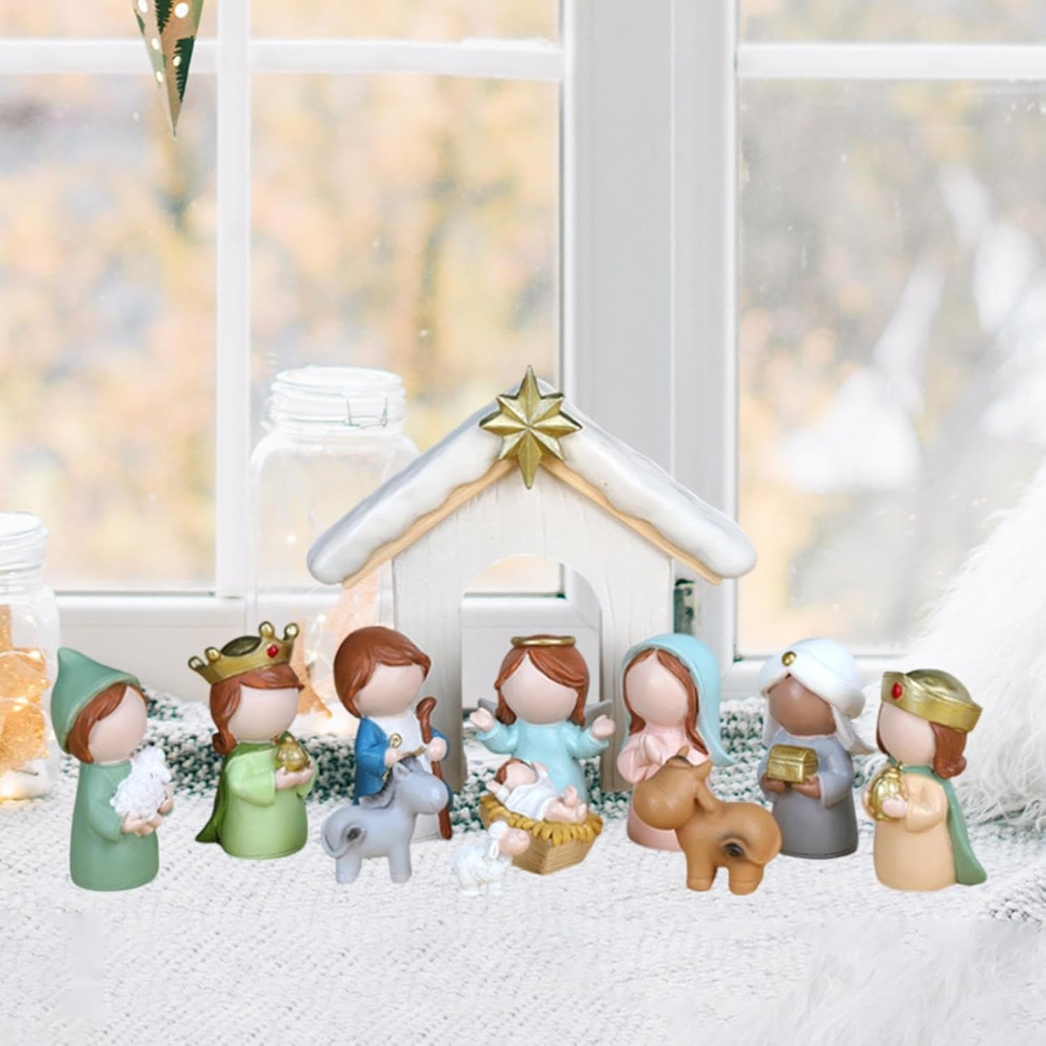 12 Pieces Cartoon Christmas Nativity Figurines Set Xmas Decoration Handcrafted Resin Craft, Colorful