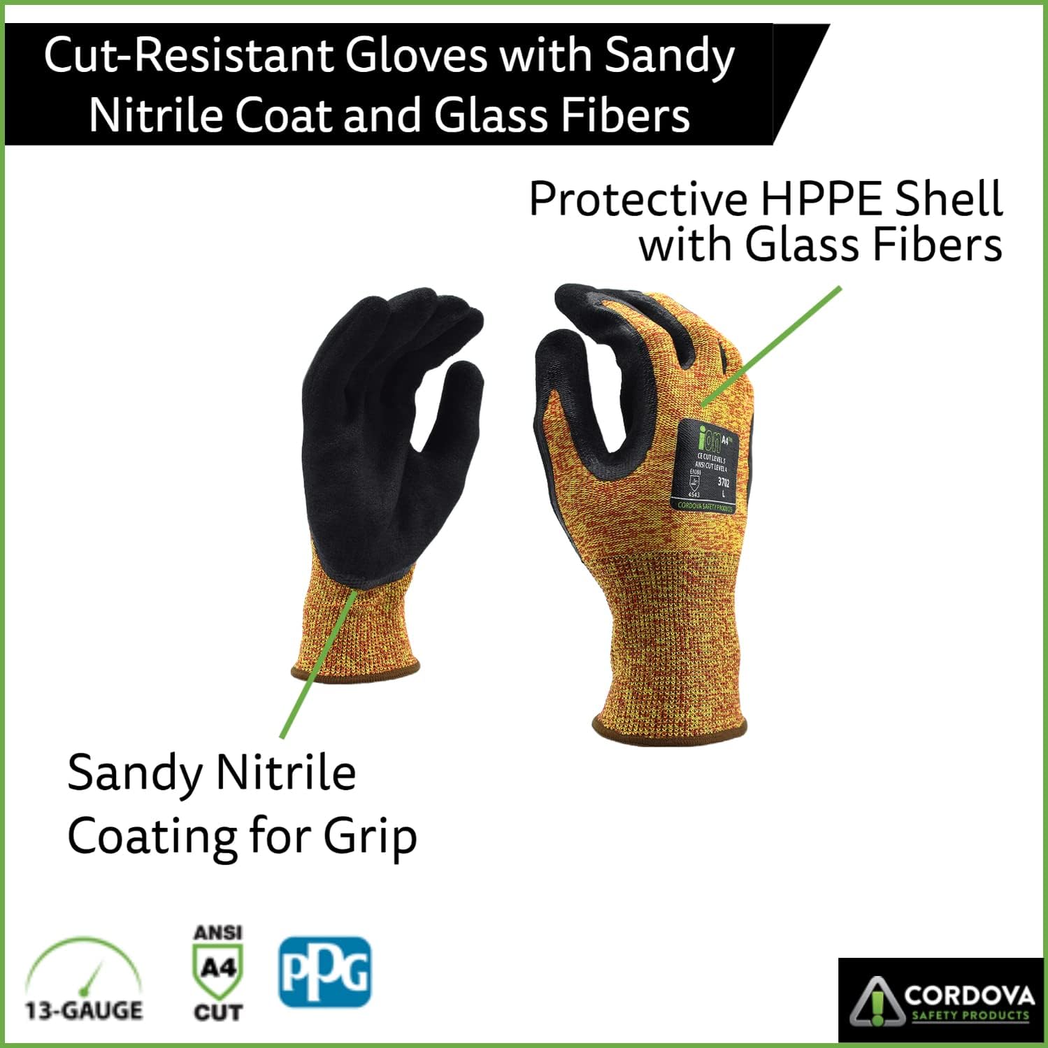 Cordova 3702 Ion A4 Gloves, Mandarin 13-Gauge HPPE/Glass Shell, Sandy Nitrile Palm Coating, ANSI Cut Level A4