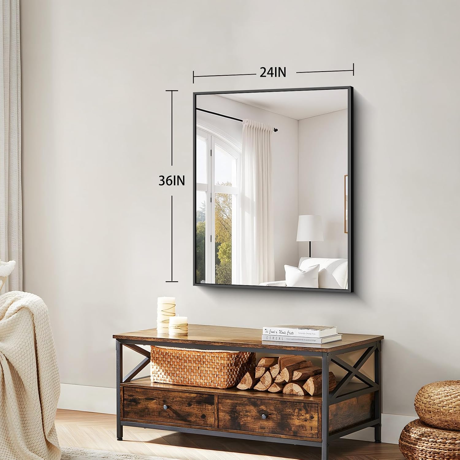 Koonmi Black Framed Bathroom Mirror - Shatterproof 36"x24" Tempered Glass, HD No Distortion, Horizontal/Vertical Mount, Modern Matte Aluminum Alloy Frame