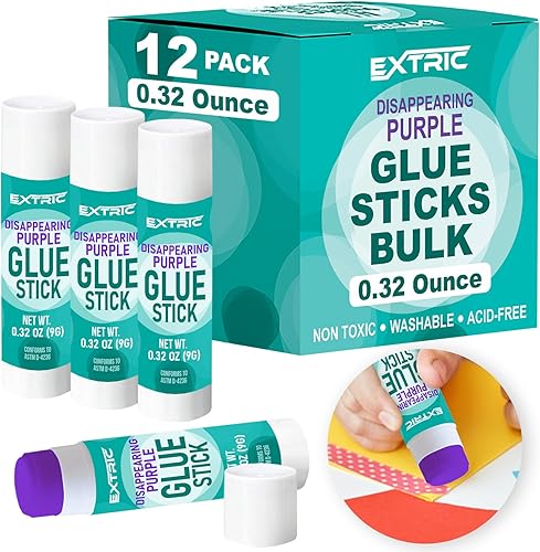 Barras de pegamento púrpura para niños, pegamento a granel para el aula, 12 unidades, 0.32 onzas para todo propósito, lavable para niños, escuela y