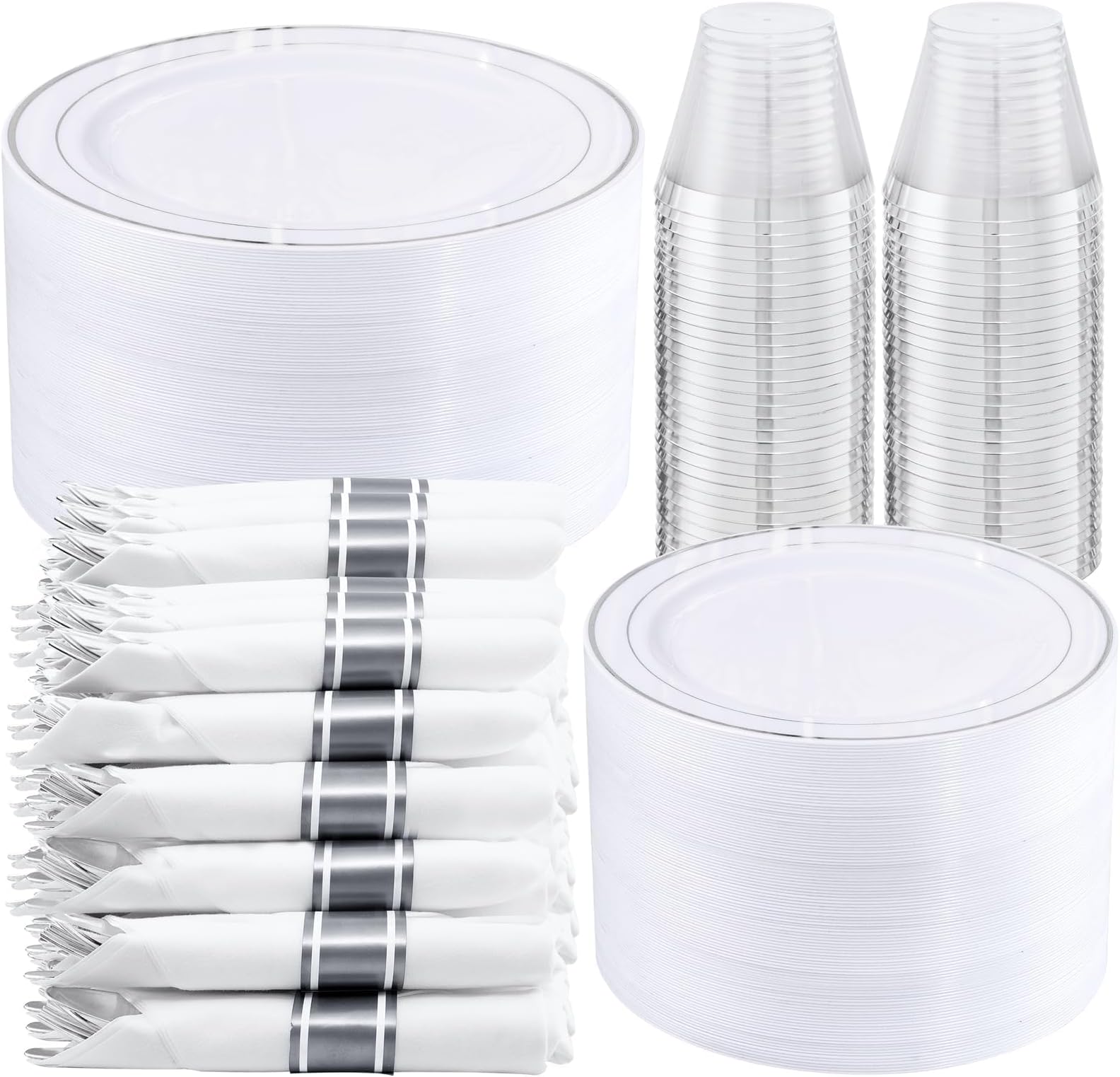 WELLIFE 350-Piece Silver Plastic Dinnerware Set - Disposable 10.25" Dinner Plates, 7.5" Dessert Plates, 9oz Silver Rim Cups & Cutlery for Weddings - 50 Guest Service - Elegant Disposable Silverware