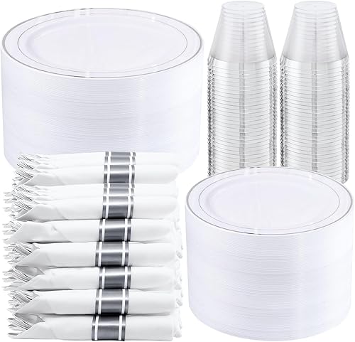Miniatura 13 de WELLIFE 350 platos de plástico dorado transparente, 100 platos desechables, 150 cubiertos de plástico, 50 tazas, 50 servilletas para bodas y fiestas