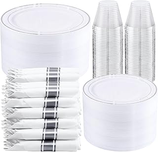 WELLIFE 350-Piece Silver Plastic Dinnerware Set - Disposable 10.25" Dinner Plates, 7.5" Dessert Plates, 9oz Silver Rim Cups & Cutlery for Weddings - 50 Guest Service - Elegant Disposable Silverware