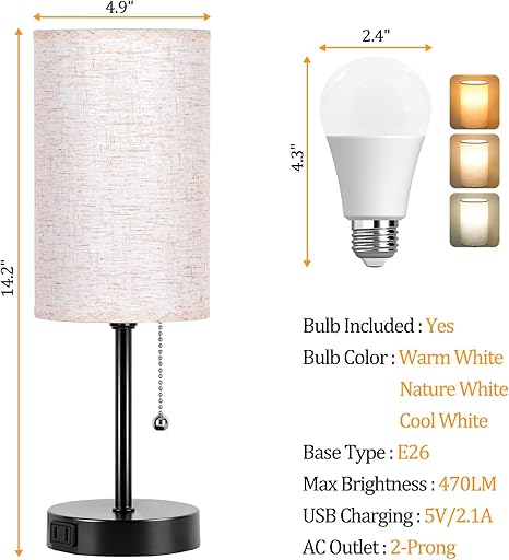 Dott Arts Dott Arts Table Lamp for Bedroom, 3-Color Bedside Lamps with Pull Chain, Bedroom Table Lamps for Nightstand,AC Outlet Small Lamp for Living Room, Bulb Included photo 3