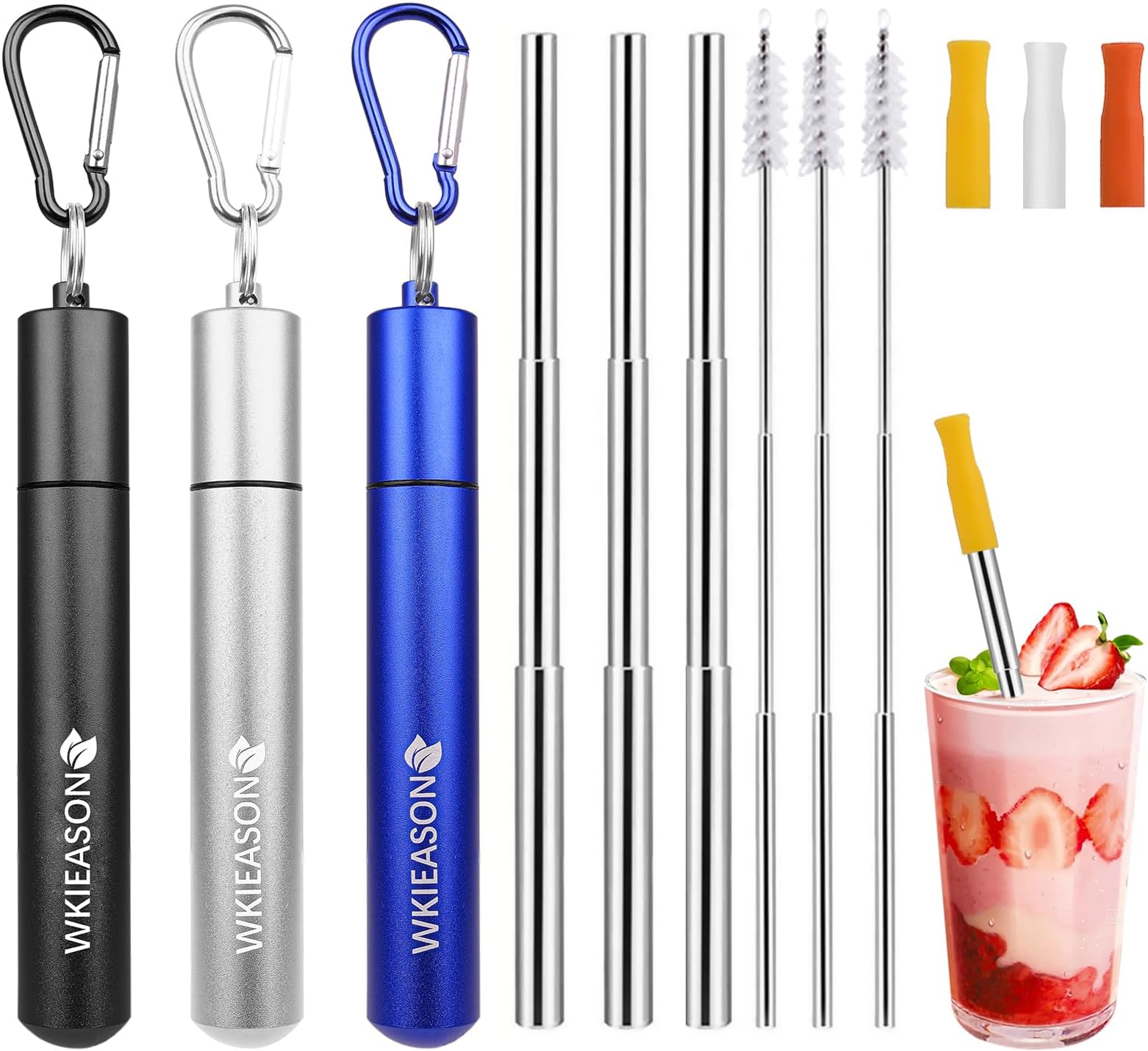 WKIEASON 3 Pack Portable Metal Drinking Straws Collapsible Stainless Steel Straws Telescopic Reusable Straw with Aluminum Key-Ring Case & Cleaning Brush and Silicone Tips for Travel Home Work