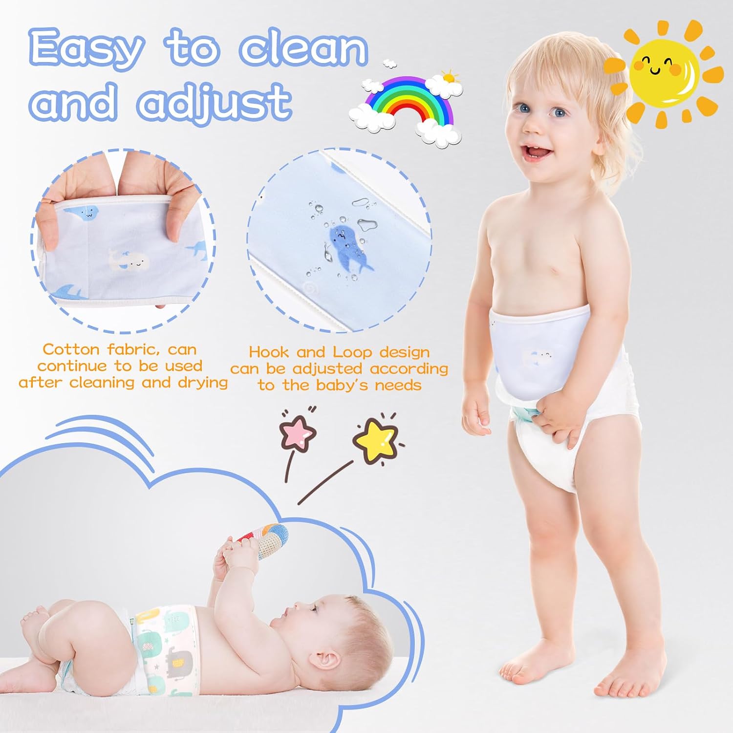 4 Pack Umbilical Cord Belly Band, Soft Cotton Adjustable Newborn Navel Wrap, Cartoon Whale Baby Tummy Protector for 0-12 Months Infant Gift