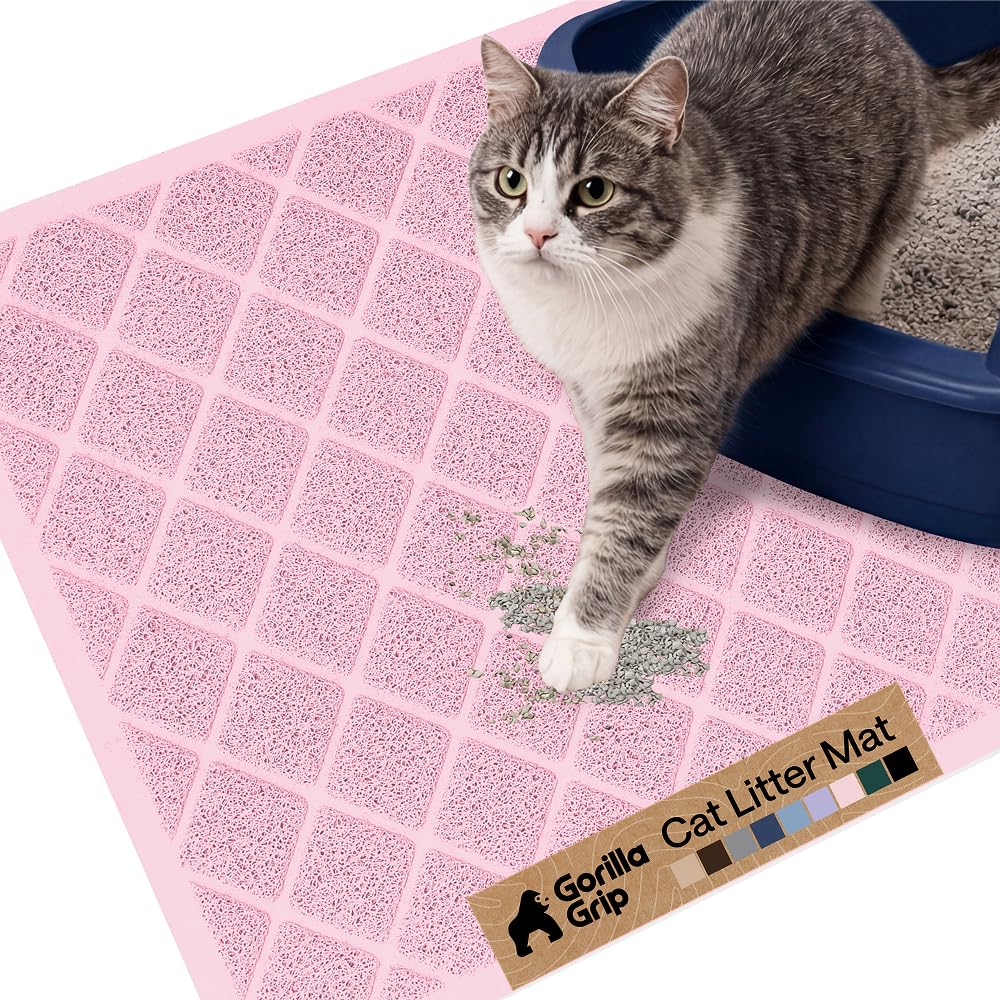 GORILLA GRIP Cat Litter Box Mat, Cushioned Coil Mesh Litter Trapping Mats, Scatter Control Supplies for Less Mess, Phthalate Free, Ultra Deep Catch Grooves, Rinse or Vacuum to Clean, 24x17 Light Pink