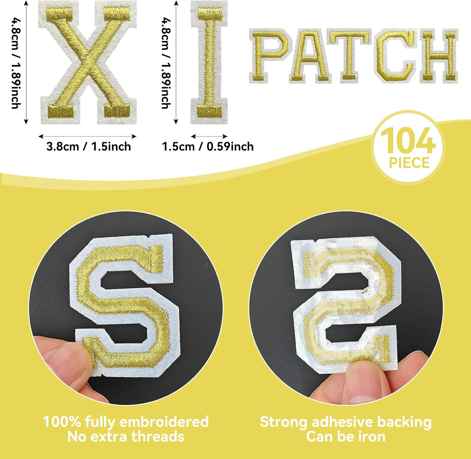 J.CARP 104Pcs Gold Alphabet A to Z Patches, Iron on Sew on Letters for Clothing, Hats, Shoes, Backpacks, Handbags, Jeans, Jackets etc.