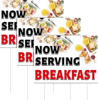 3 Pack Now Serving Breakfast Yard Signs, Double-sided 15.8" x 11.8" Hollow Plastic Lawn Signs with 6 Stakes Breakfast Outdoor Advertising for Restaurant Café