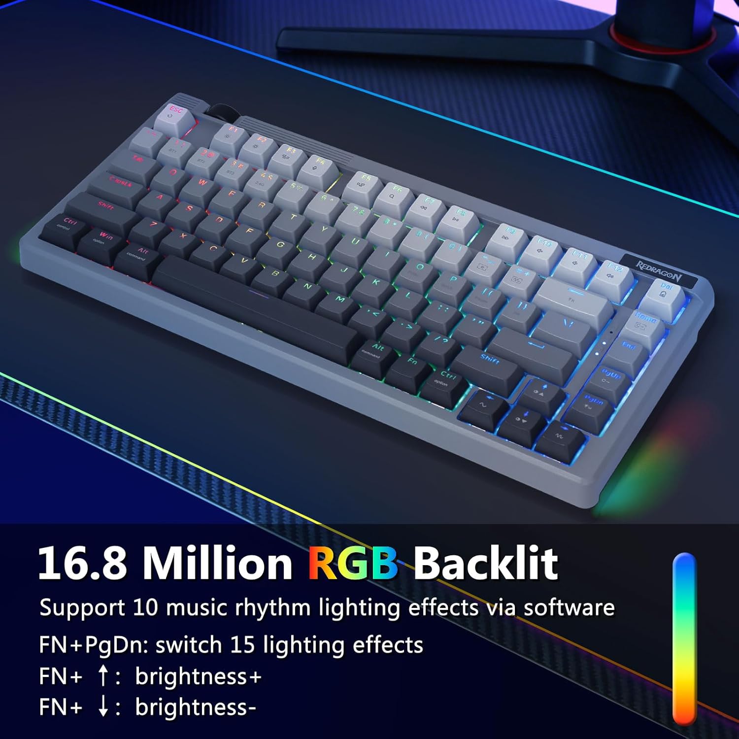 Redragon Wireless Mechanical Keyboard Creamy, Bluetooth/2.4GHz/USB-C Wired, 75% Hot Swappable Custom Gaming Keyboard with Knob, RGB Backlit, Pre-lubed Linear Switches, PBT Keycaps, Gray