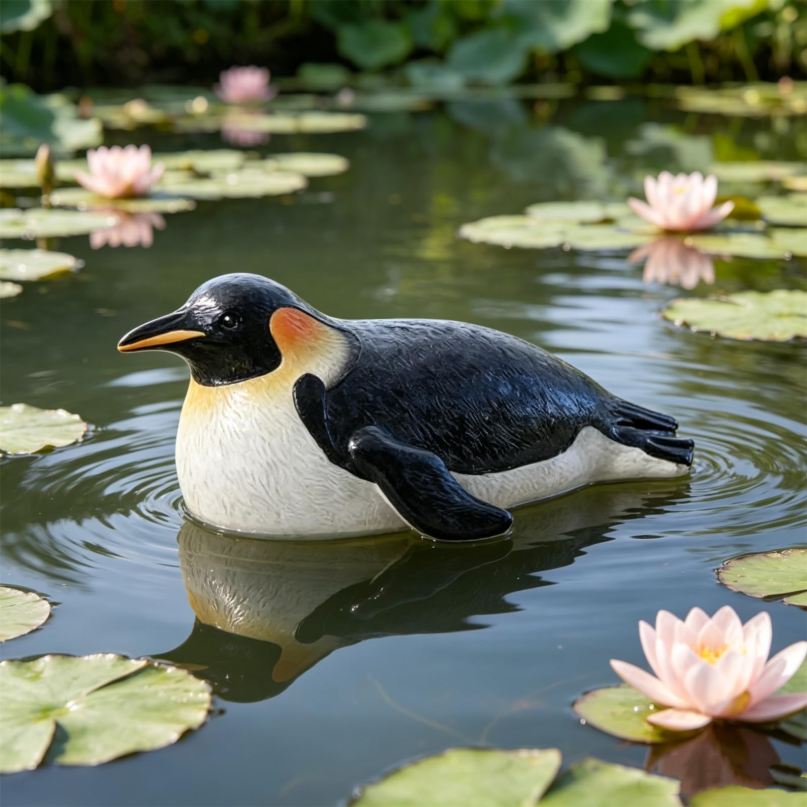ESSECMBS Floating Penguin Resin Statue for Fish Tank Ornament & Outdoor Pond Decor (Black, 16.5cm*9.5cm*7.3cm)