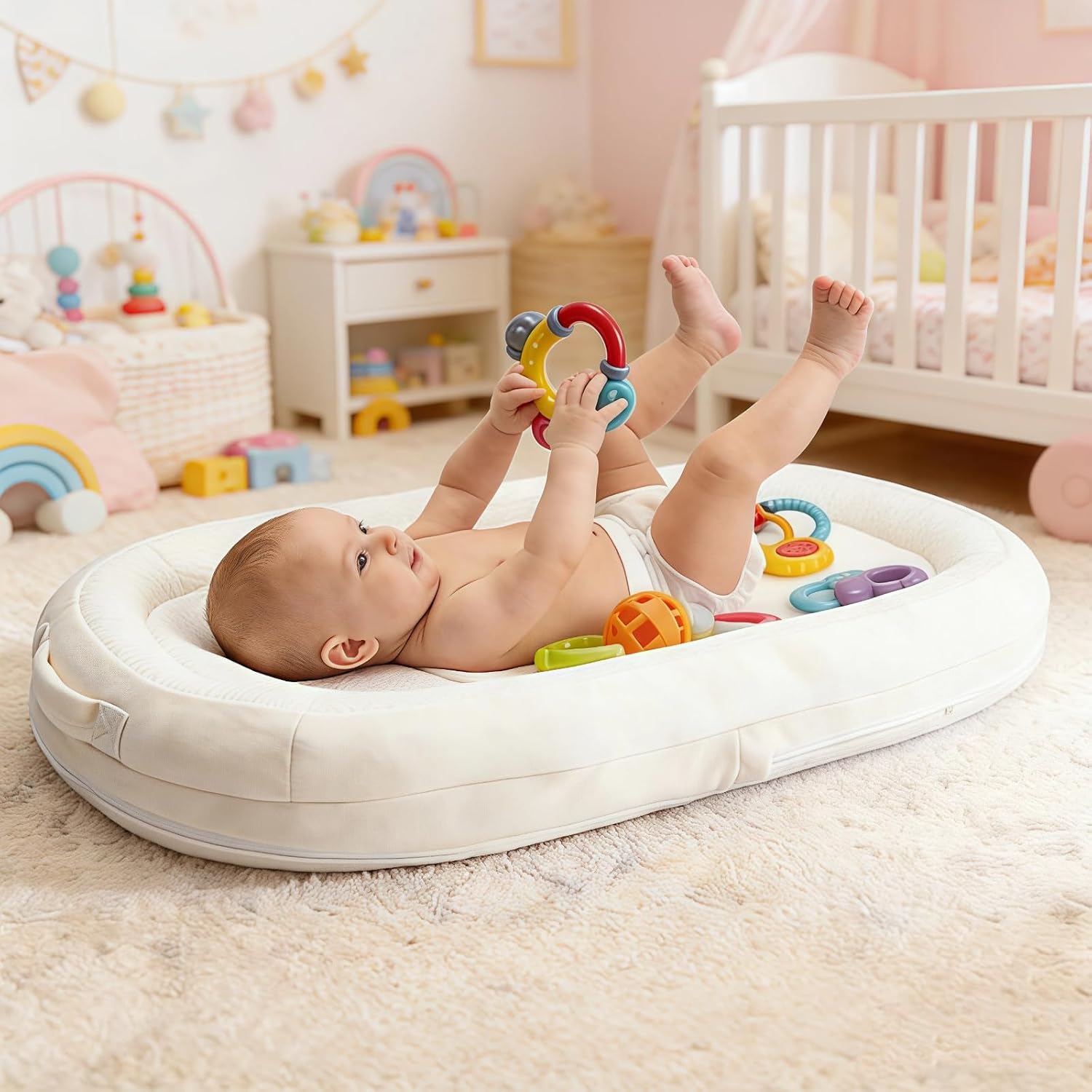 Portable Baby Lounger for Newborn Dock A Tot & Infant Lounger with Cotton Cover Play Mat Essentials (Beige)