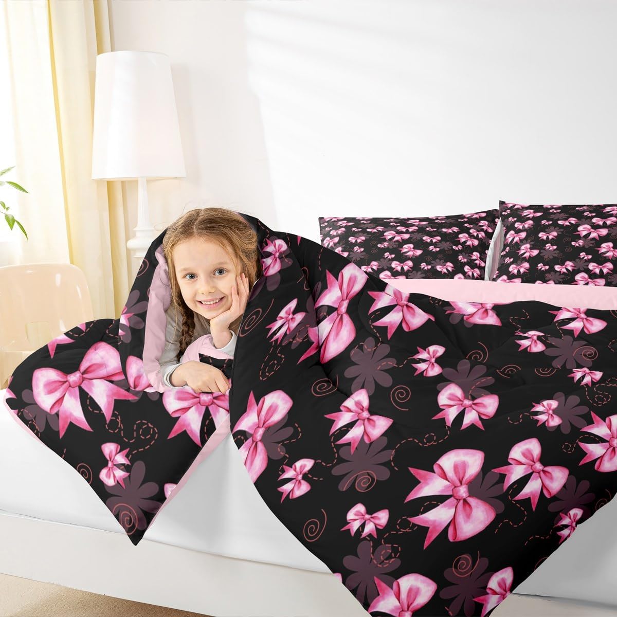 Feelyou Pink Bow Comforter Set for Kids Boys Girls,Twin Size,Cute Coquette Bow Knot Bedding Set,Butterfly Knot Princess Duvet Quilt,Bowknot Comforter,Princess Style Bedroom Decor