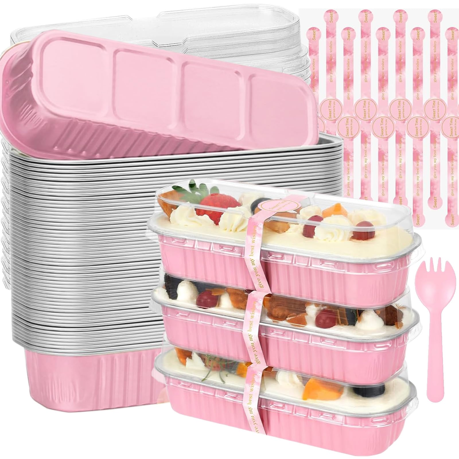 Junfete Mini Loaf Tins with Lids and Spoons 200ml Mini Loaf Cake Cases Cupcake Cases for Baking Aluminum Foil Baking Pans (100)