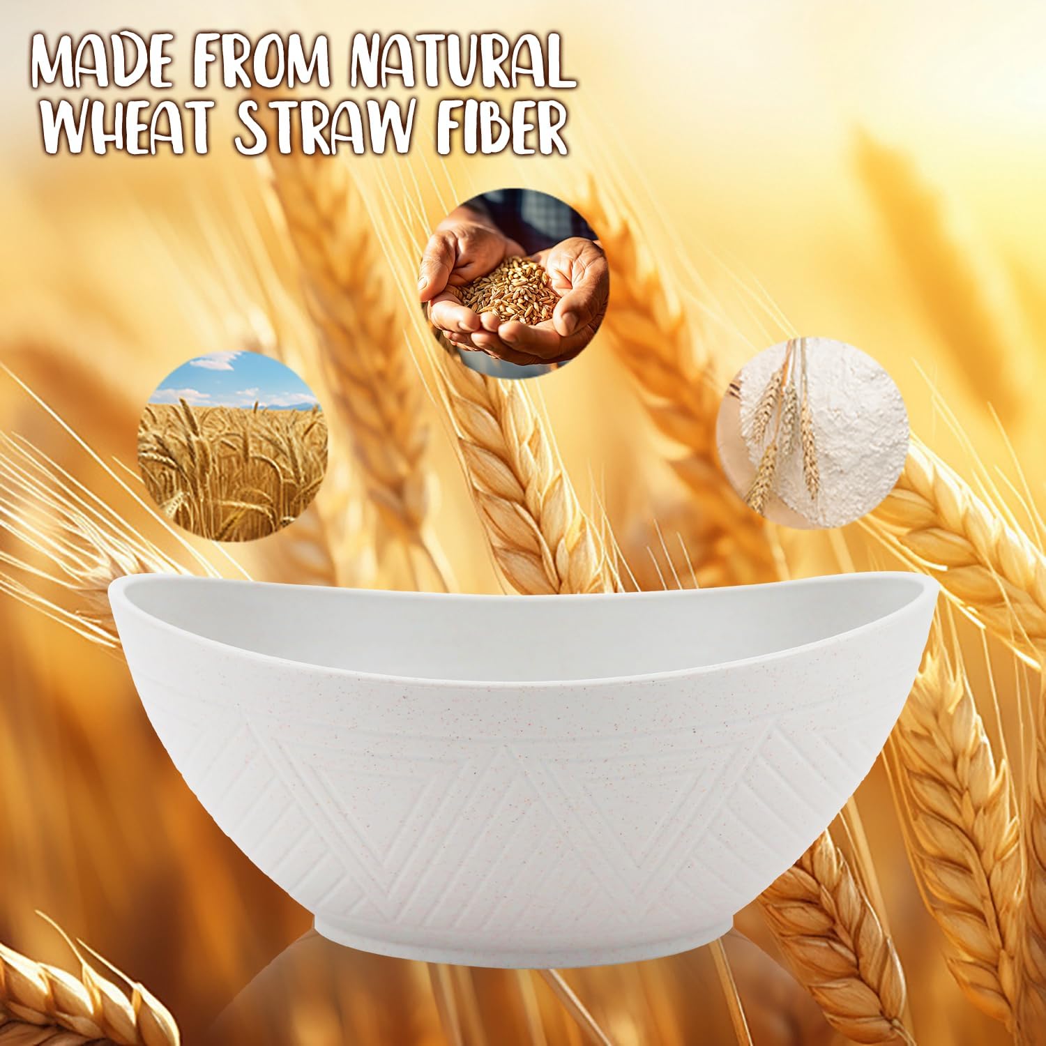 Wrova Wheat Straw Bowls Set of 2 with Textured Pattern,Unbreakable Large Salad Bowls,Plastic Bowls Dishwasher & Microwave,Sturdy and Stackable Kitchen Bowl Sets for Serving,Oatmeal.White - Image 6