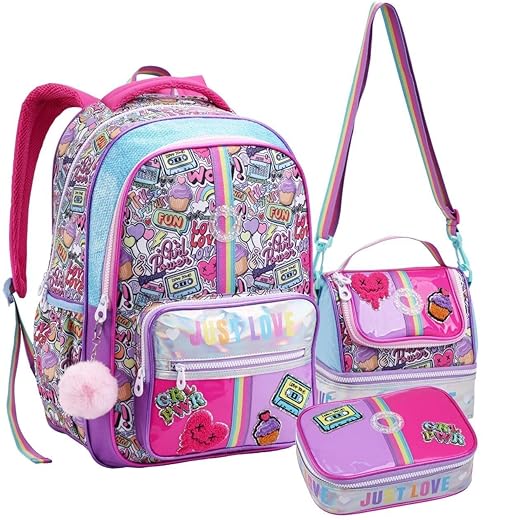 Kit Escolar Feminino com Mochila de Costas, Lancheira Térmica e Estojo para 100 Canetas, Design Estiloso, Material Reforçado, Alças Confortáveis, P/Meninas Juvenil (Kit Material Escolar)