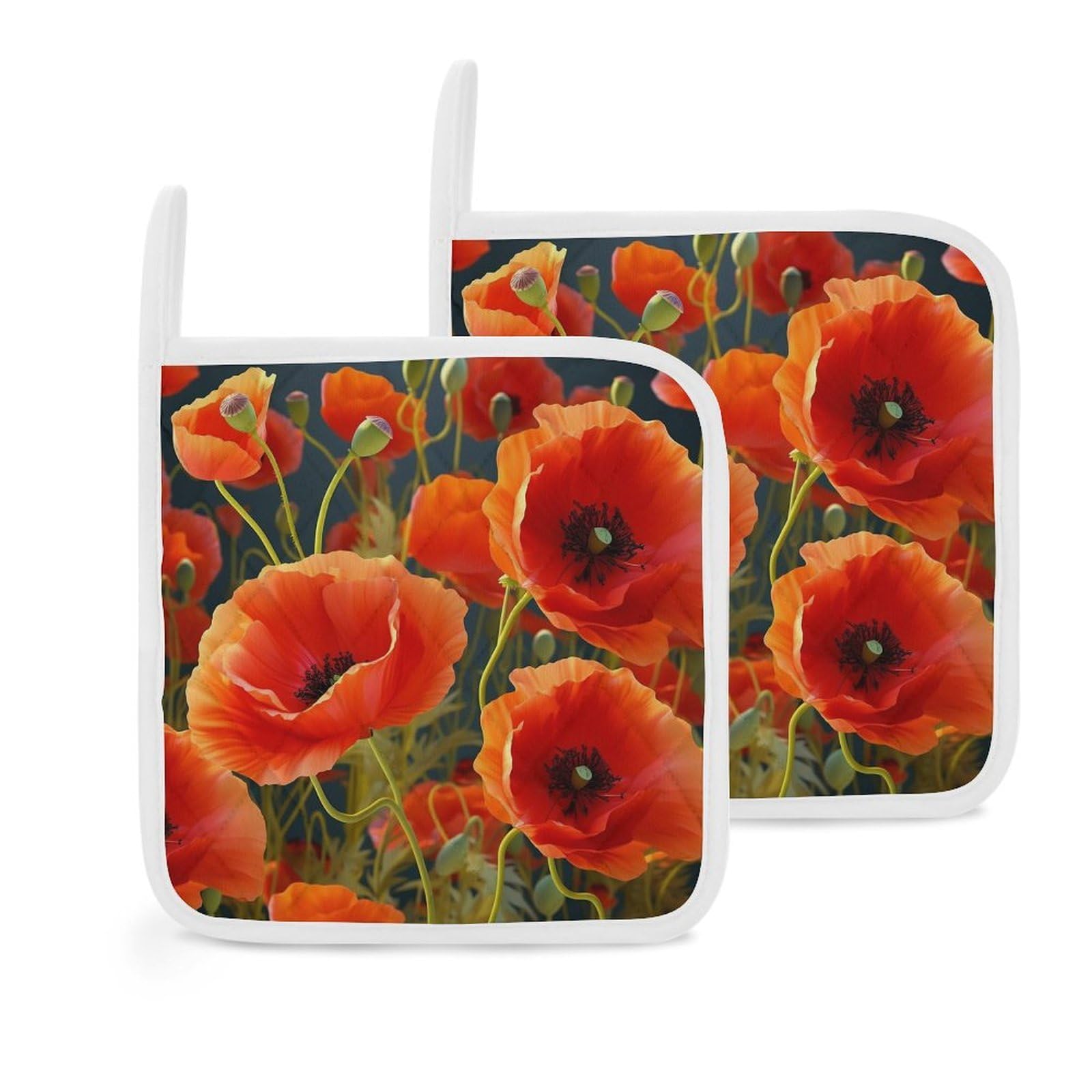 Pot Holders Set of 2 Kitchen Heat Resistant Potholders Poppy Flowers Cotton Lining Oven Hot Pads for Cooking Baking BBQ Microwave Kitchen Accessories