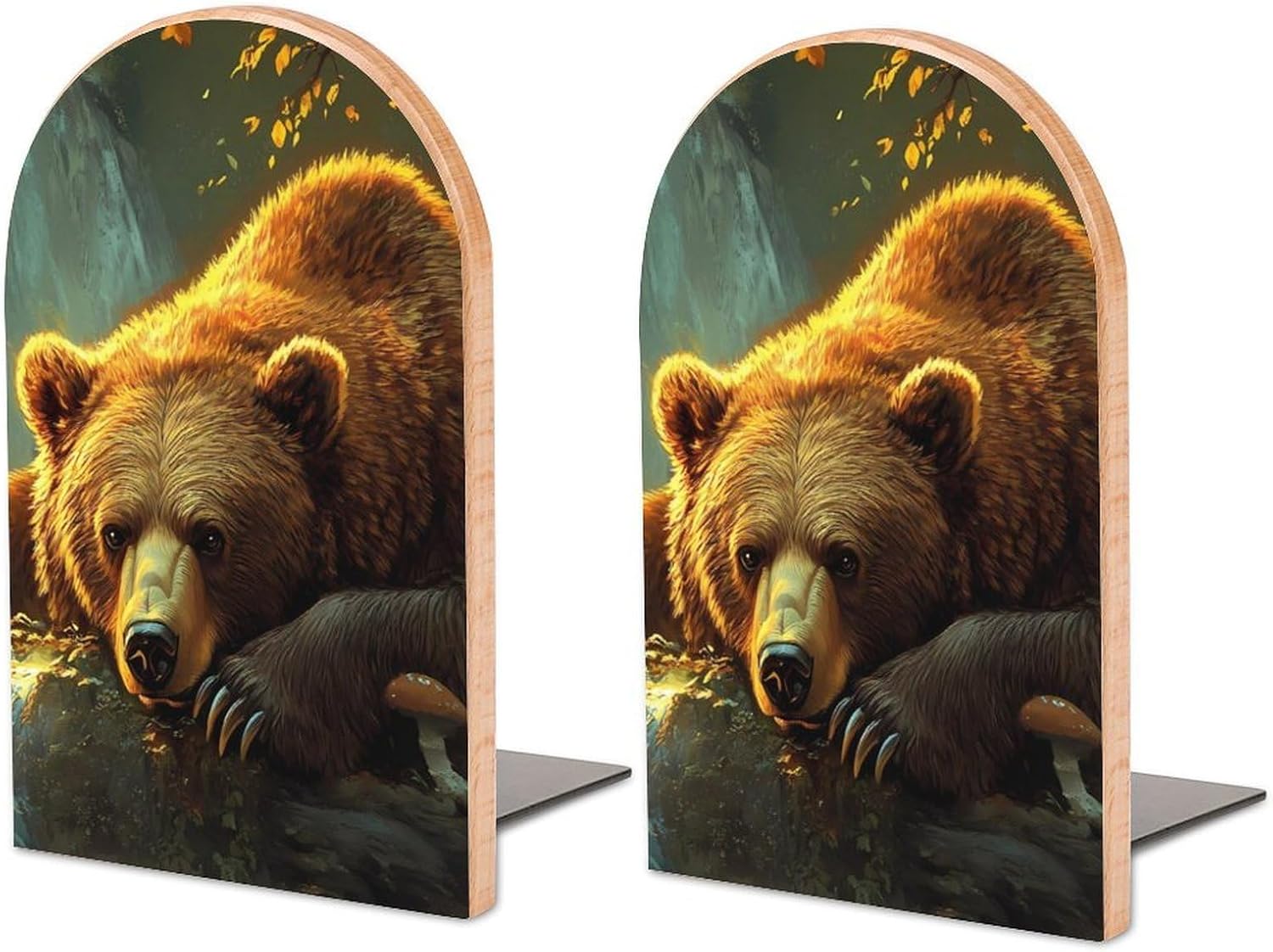 Brown Bear and Mushroom Cute Wood Book Ends Decorative Bookends 1 Pair Non-Skid for Shelves Home Office 7 X 5 Inch