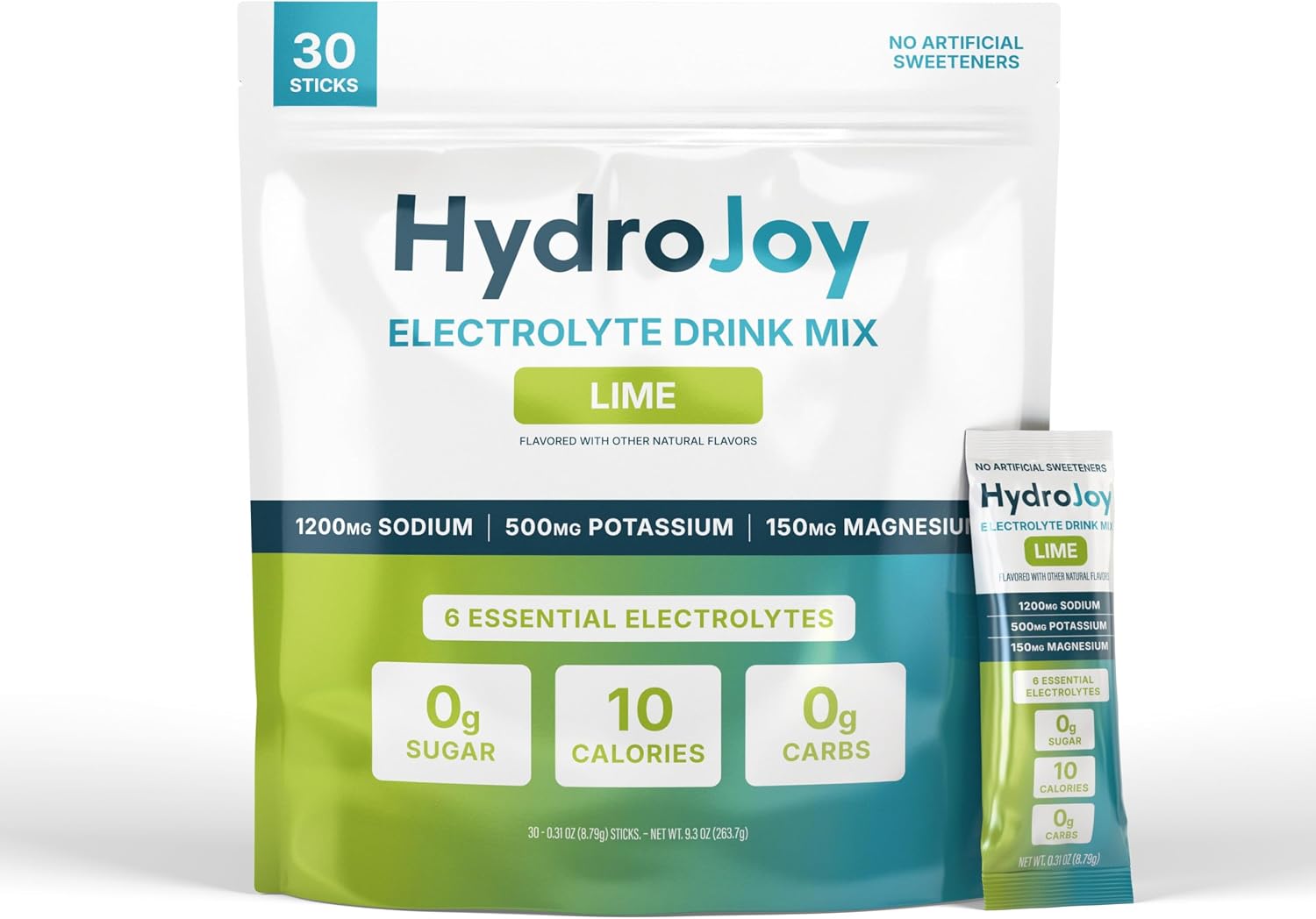 HydroJoy™ Hydration Stick Packs | 3,127MG Electrolytes Per Serving | 6 Essential Electrolytes | 1,200MG Sodium | Sugar-Free | Lime | 30 Servings