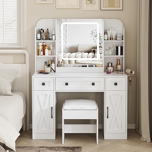 Miniatura 9 de Vabches Escritorio de tocador de maquillaje, espejo de tocador con luces, escritorio y silla, mesa de tocador blanca con grandes cajones y estantes
