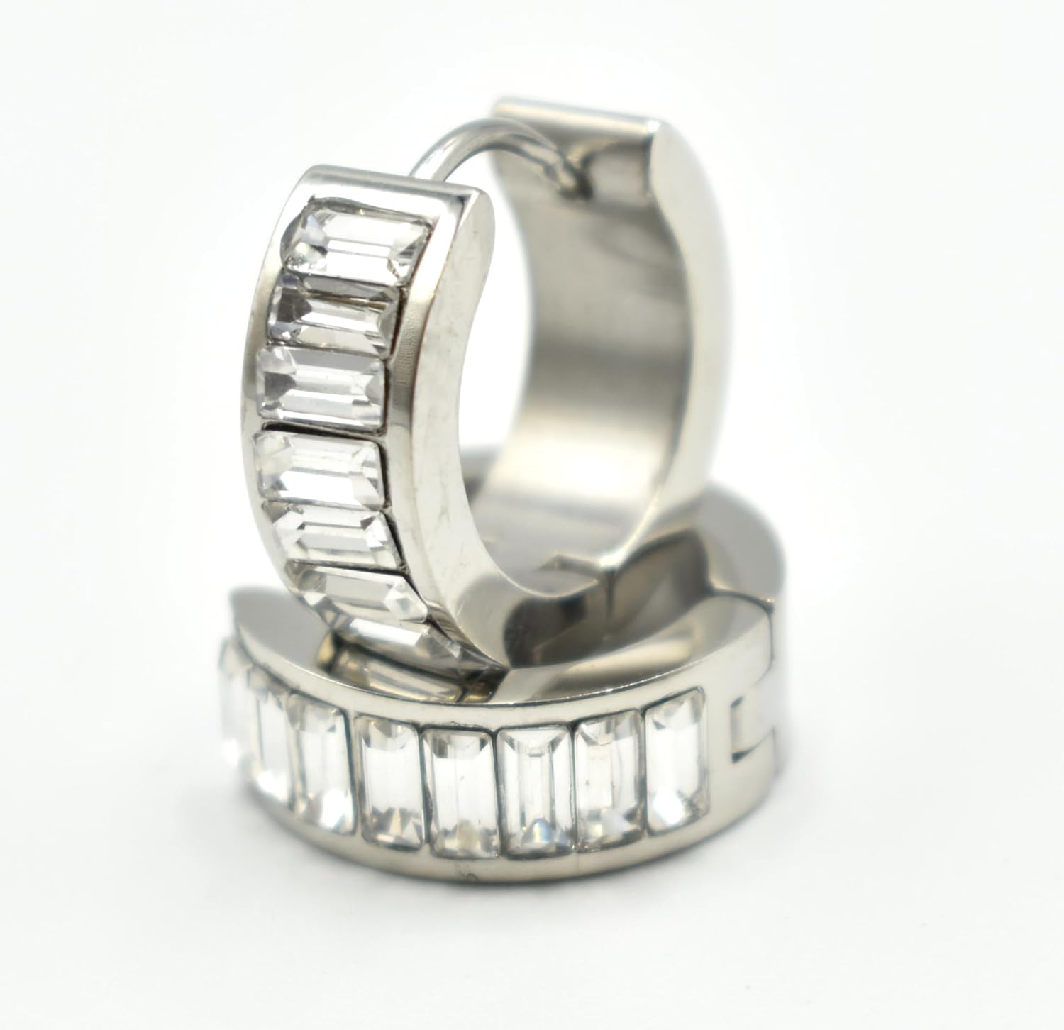 0.60 Inch 316L Stainless Steel Hypoallergenic Huggie Hoop Earrings, Baguette Rectangle Shape CZ Cubic Zirconia - Image 3