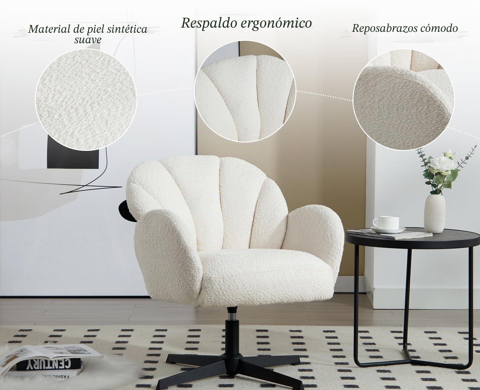chairus Sillón Butaca de Salón de Lana Sintética Sillón Lectura Habitación Giratoria con Reposabrazos, Silla Individual de Ocio con Base de Metal para Hogar/Dormitorio, Blanco