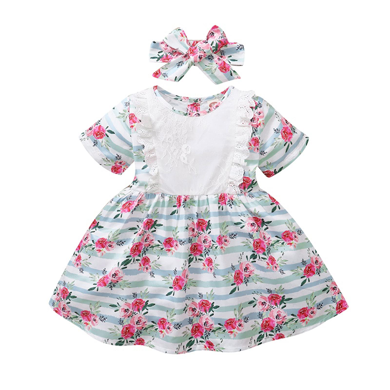 ZAXARRA Toddler Dress 2Pcs Summer Outfits, Cute Short Sleeve Floral Striped Print A-Line Dress with Headband (White, 12-18 Months)