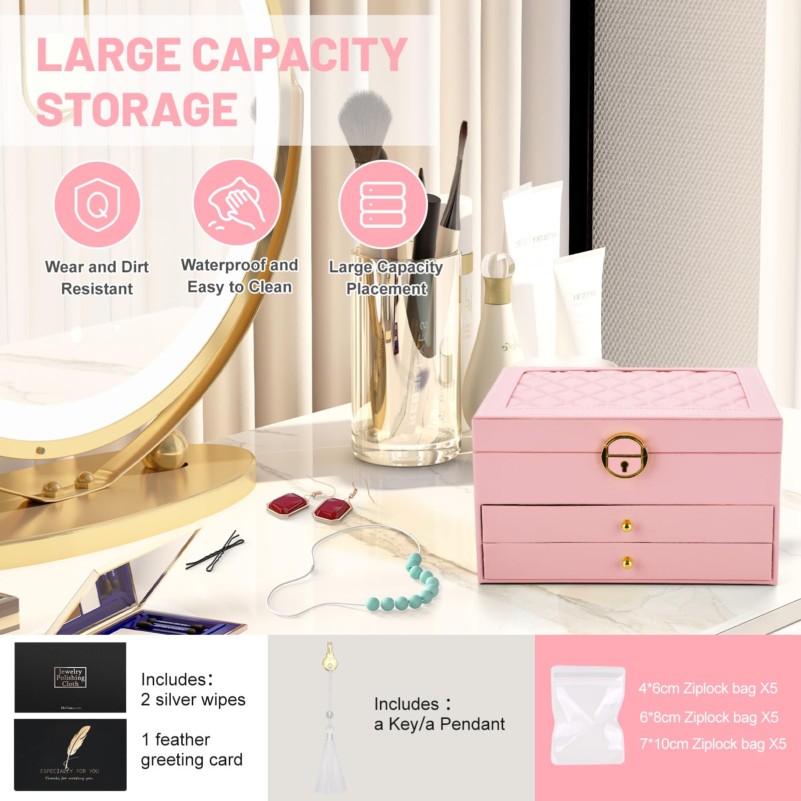 Joyeros Mujer Organizador,Caja de Joyas de tres niveles,Caja Joyero de viaje para collares,aretes,pulseras y anillos,con llaves y cerraduras.Adecuado tanto para niñas como para mujeres