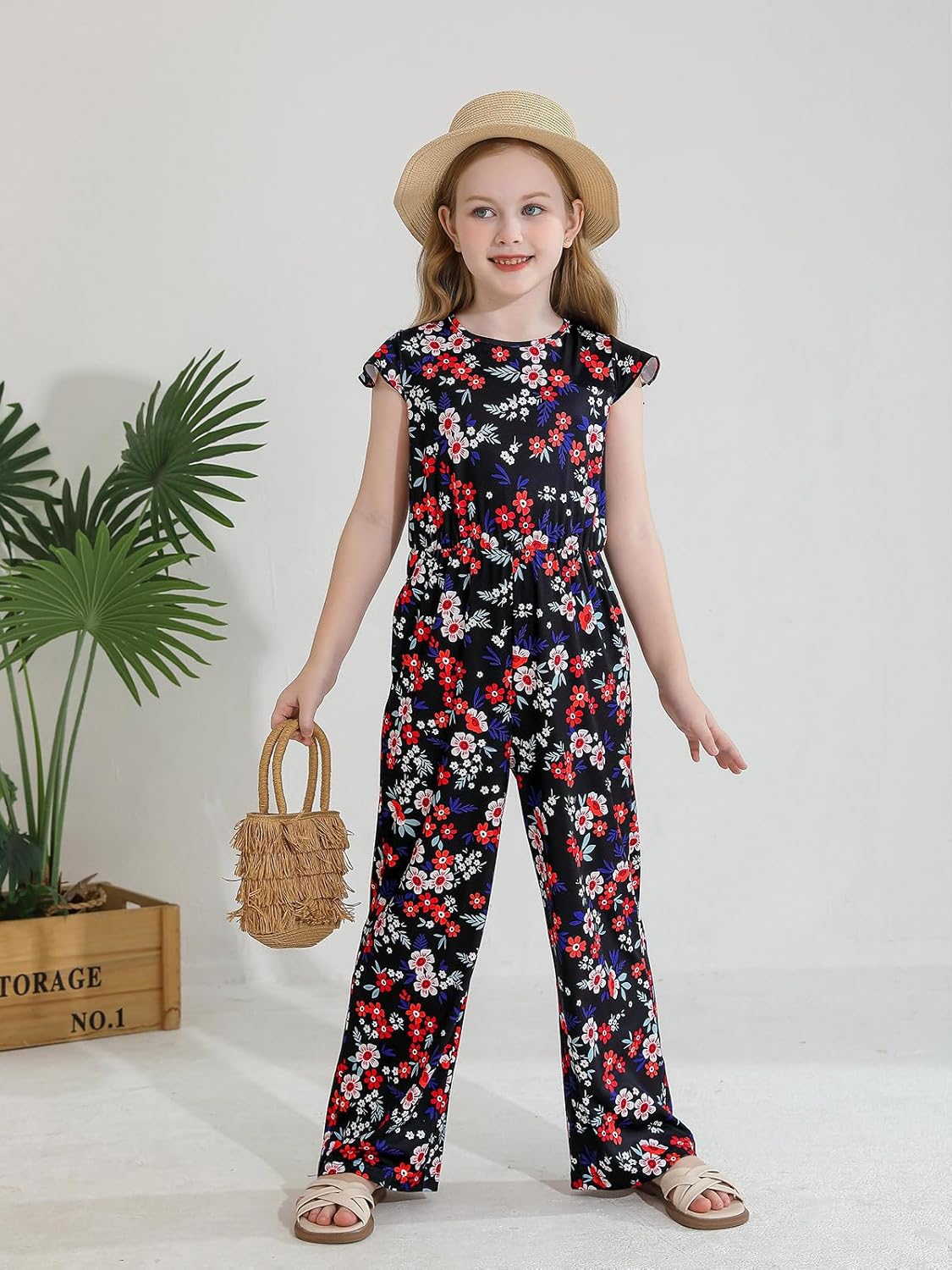 Haloumoning Girls Floral Jumpsuit Kids Fashion Ruffle Cap Sleeve Wide Leg Romper One Piece Outfits with Pockets - Image 5