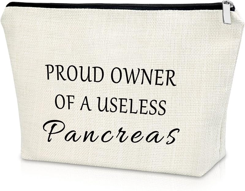 Necessaire de maquiagem Sazuwu com estampa "Proud Owner of a Useless Pancreas", em lona, com zíper