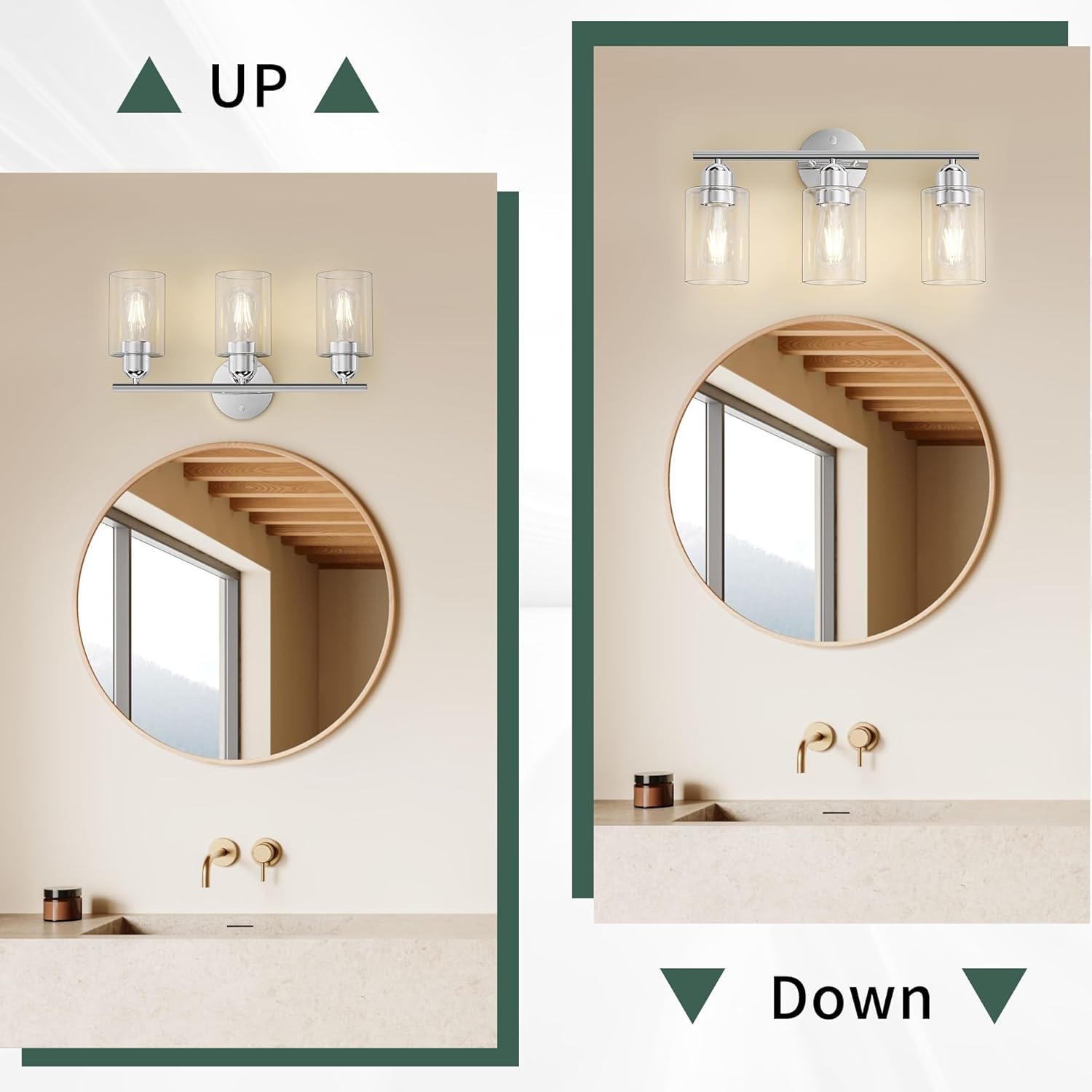 Bathroom Vanity Light Fixtures Polished Chrome Bathroom Lighting Fixture, 3 Lights Bathroom Light Fixture Over Mirror, Modern Black Vanity Light, Wall Sconces with Glass Shades