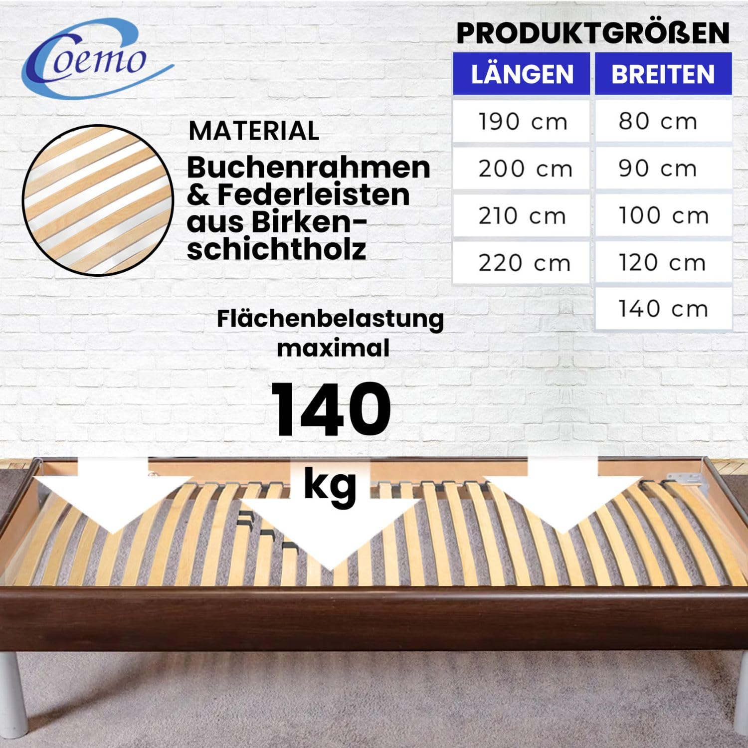 Coemo Lattenbodem met verstelbaar hoofdeinde, 90 x 190 cm, bedbodem met 26 latten, 7 zones, instelbare hardheid, voor alle matrastypes, ook voor tweepersoonsbedden, 180 x 190 cm