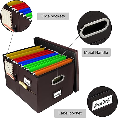 Miniatura 4 de AmasSmile Organizador de archivos de cuero con tapas para oficina, organizador de documentos plegable con asa para almacenamiento de cartascarpetas