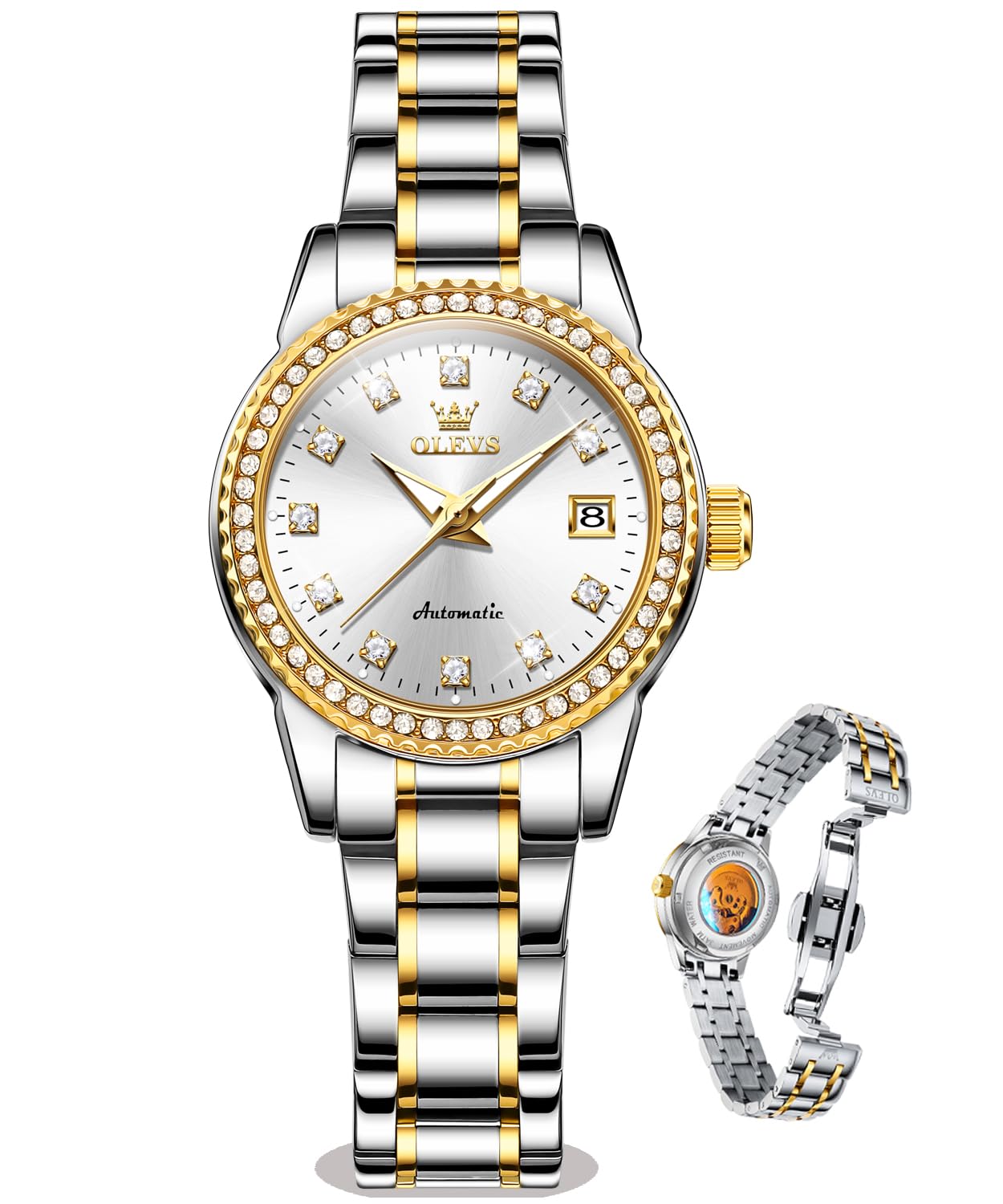 OLEVS Women's Automatic Watch Luxury Mechanical Stainless Steel Two Tone Waterproof Self Winding Dress Small Ladies with Date Diamond Elegant Casual Business Wristwatch Gold/Blue/Black/White