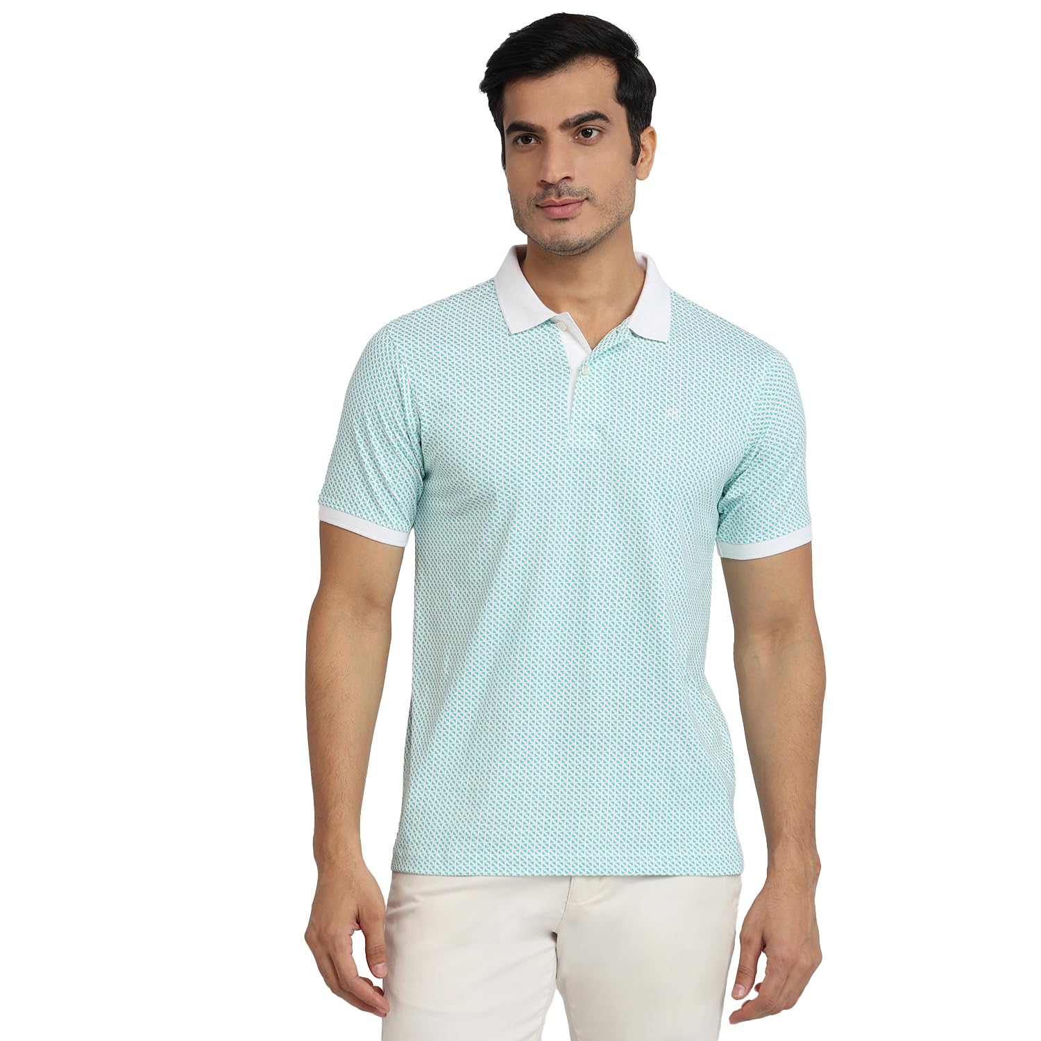 Raymond Men Modern Fit Print Pattern Pure Cotton Polo Neck Half Sleeve Casual T-Shirt-image-36