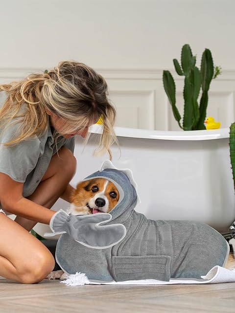 Foto 7 de 7 de Bibykivn Albornoz para Perros con Velcro, Albornoz para Perro de Microfibra Absorbente Dinosaurio