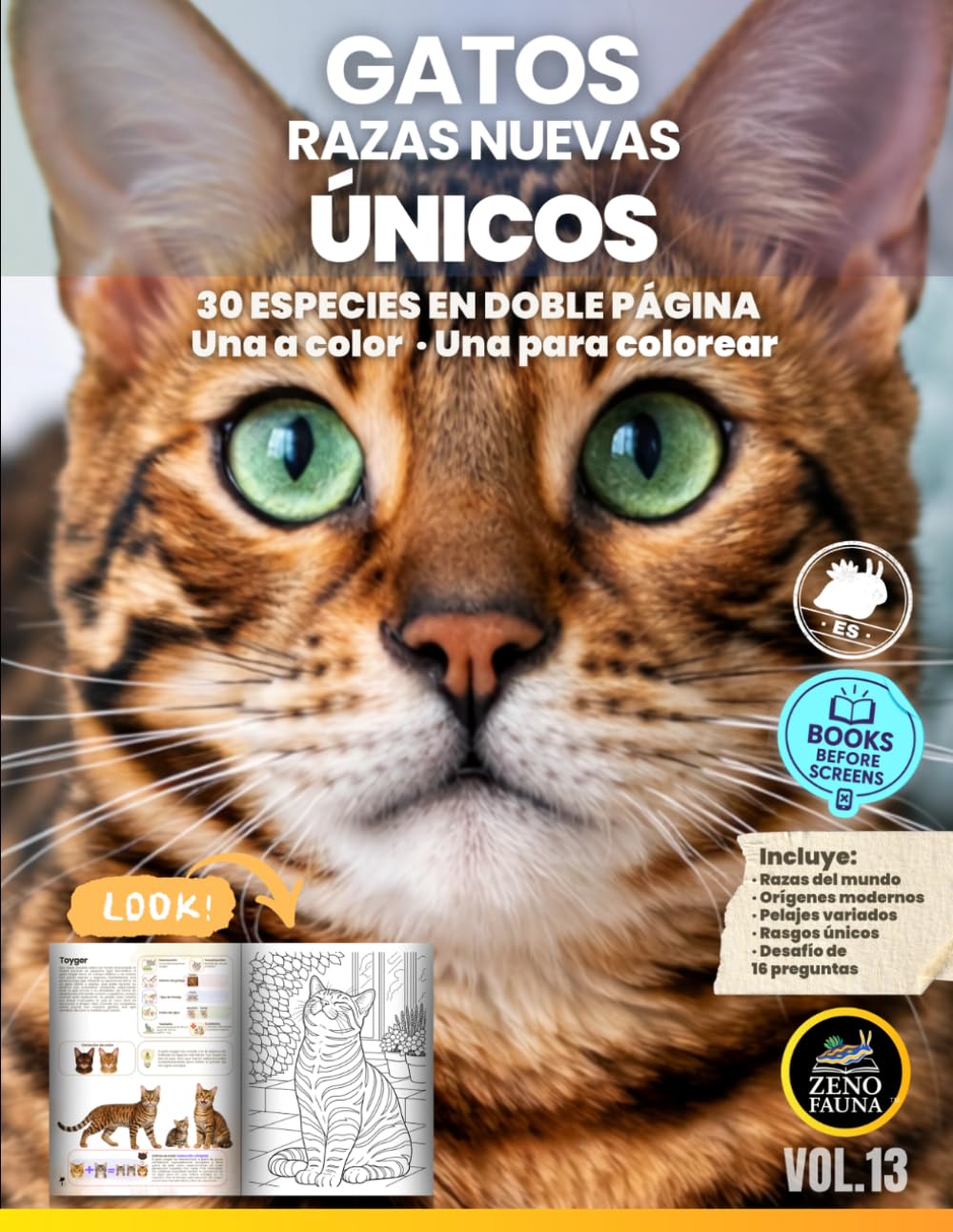 Gatos de Razas Nuevas – Únicos: 30 Razas en Doble Página | Una a Color y Una para Colorear (Animales Únicos)