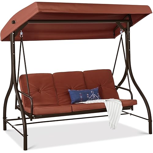 Best Choice Products 3-Seat Outdoor Large Converting Canopy Swing Glider, Patio Hammock Lounge Chair for Porch, Backyard w/Flatbed, Adjustable Shade, Removable Cushions - Dark Rust