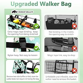Rhino Valley Walker Bag, Multi Pockets Folding Walker Basket Tote Bag with Cup Holder, Hand-free Carry Pouch Storage Bag for Universal Walkers, Large Capacity Organizer for Seniors Elderly, Flower