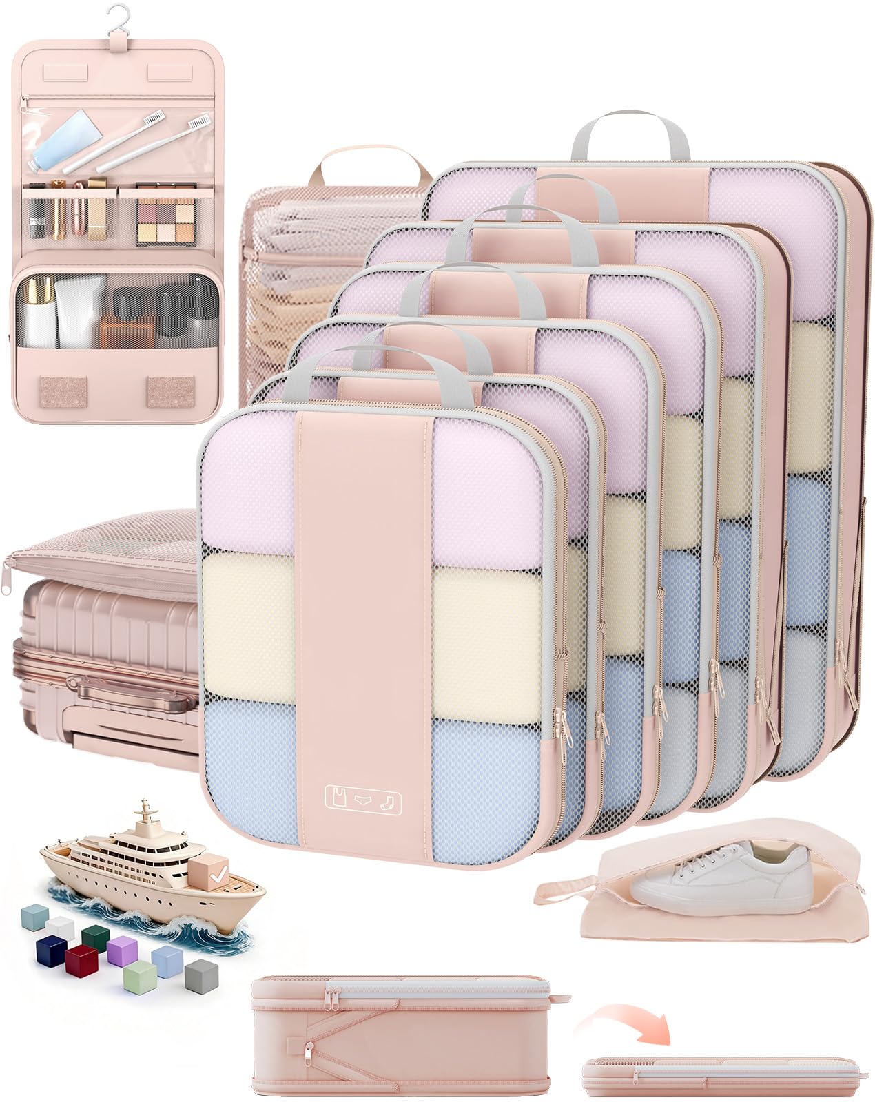 10 Set Compression Packing Cubes for Travel Gifts Women Mom,OlarHike Luggage Clothes Organizer for Travelers,Airplane/Cruise/Car/Train Travel Essentials,Compressible Expandable Saver Space Bags(Beige)