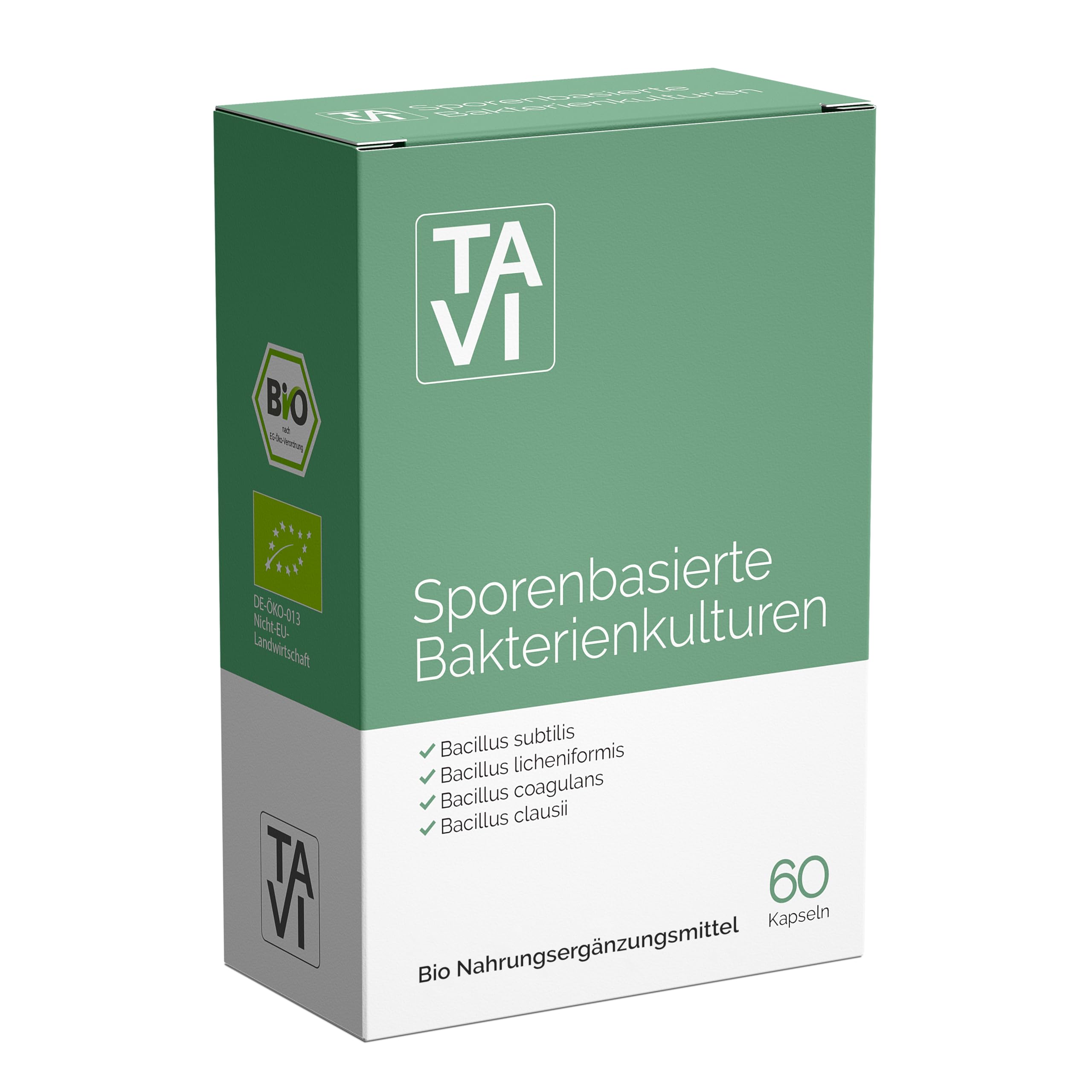 TAVI® Sporenbasierte Bacillus Bakterien • BIO • 6 Mrd.KBE lebende Bakterien | Bacillus Coagulans + Subtilis + Clausii + Licheniformis • 60 Kapseln für 60 Tage
