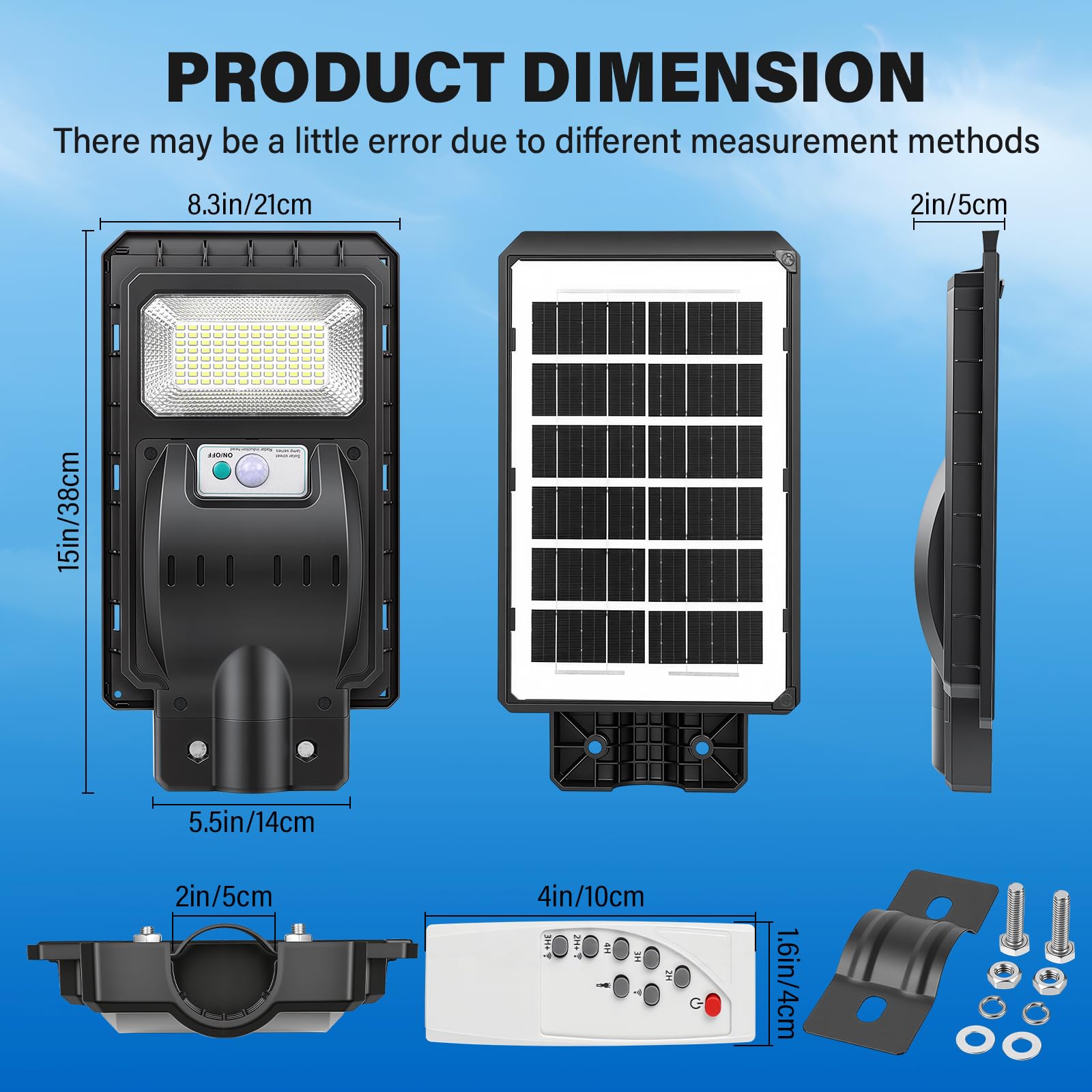 RIGIDON Focos Led Exterior Solares, Farolas Luces, Sensor de Movimiento y Control Remoto, Iluminacion Lampara para Pared Garage Patio Calle Valla, Jardín Terraza, 96 LED 5000mAH, IP66 Impermeable