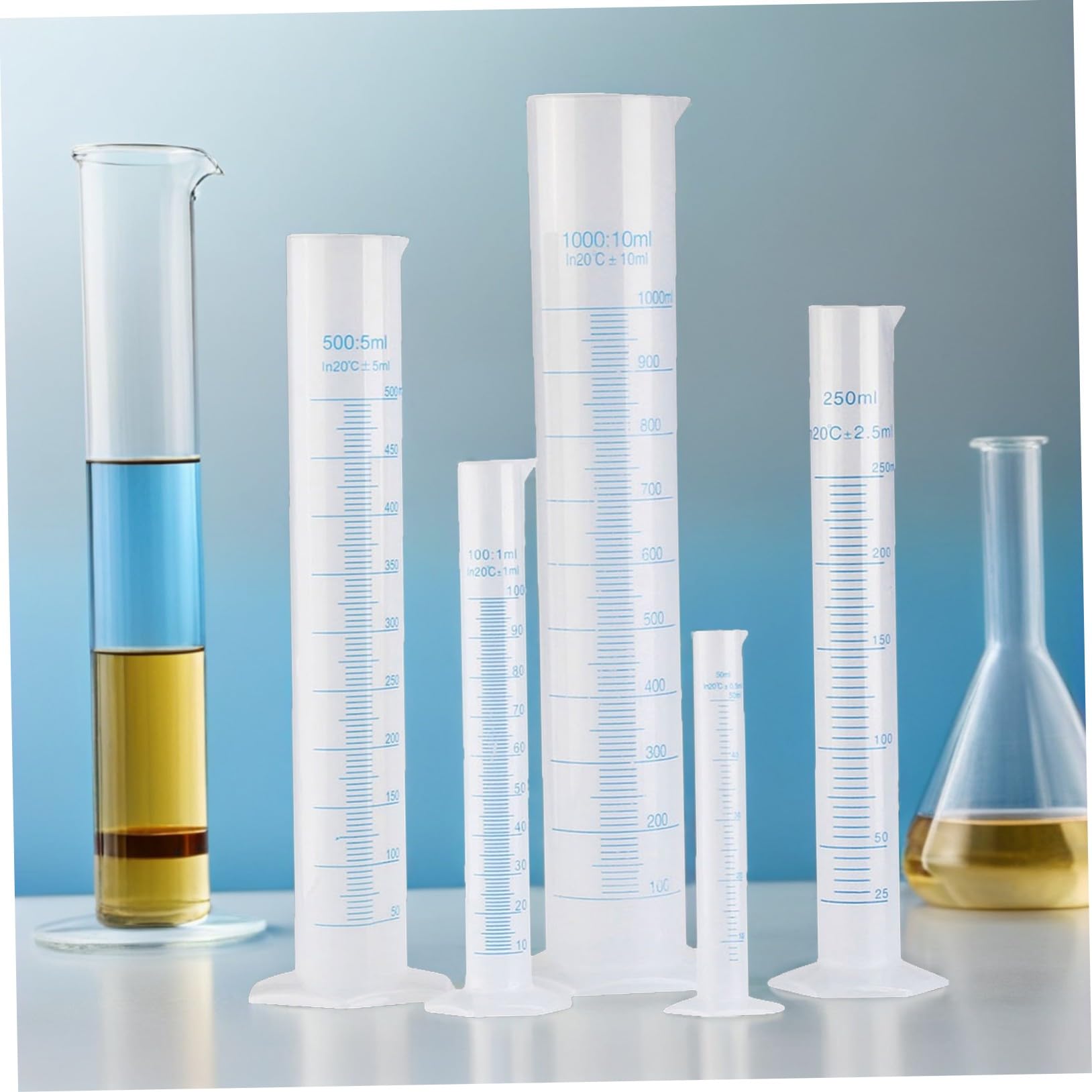 Cilindri Graduati in Plastica Professionale 5 Pezzi (50-1000 Ml) Base Esagonale e Beccuccio Conico Per Misurazione Liquidi Scuole Laboratori Casa