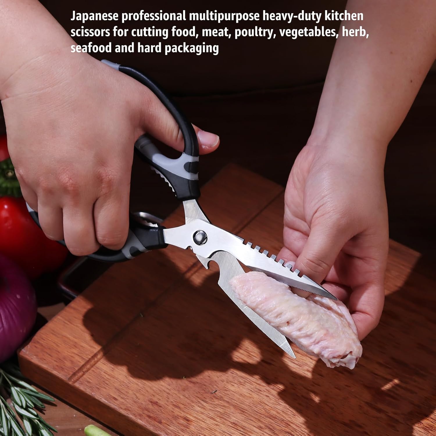 BoFuYuan Kitchen Scissors, 9-Inch Heavy Duty Multipurpose Food Cutting Shears, Detachable Dishwasher Safe, Sharp Serrated Blade, Ergonomic Non-Slip Handle for Food, Meat, Herbs, Black