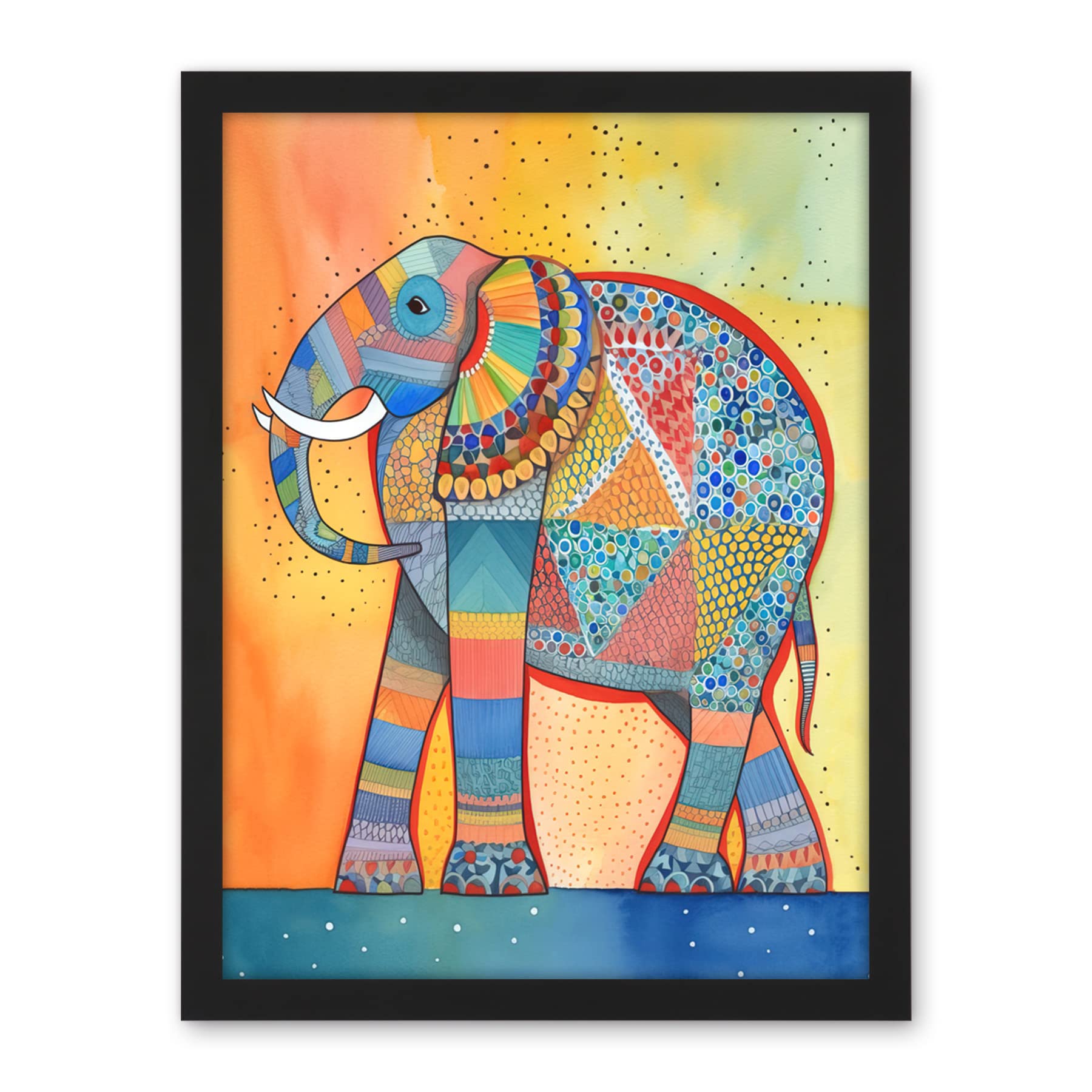 Artery8 Elephant With Geometric Patterns Folk Art Watercolour Painting Artwork Framed Wall Art Print 18X24 Inch