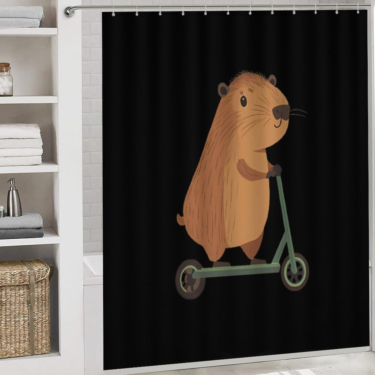 Cute Capybara Riding Scooter Bathroom Sets with Shower Curtain and Rugs 4 Piece with U-Shaped Floor Mat Toilet Lid Cover
